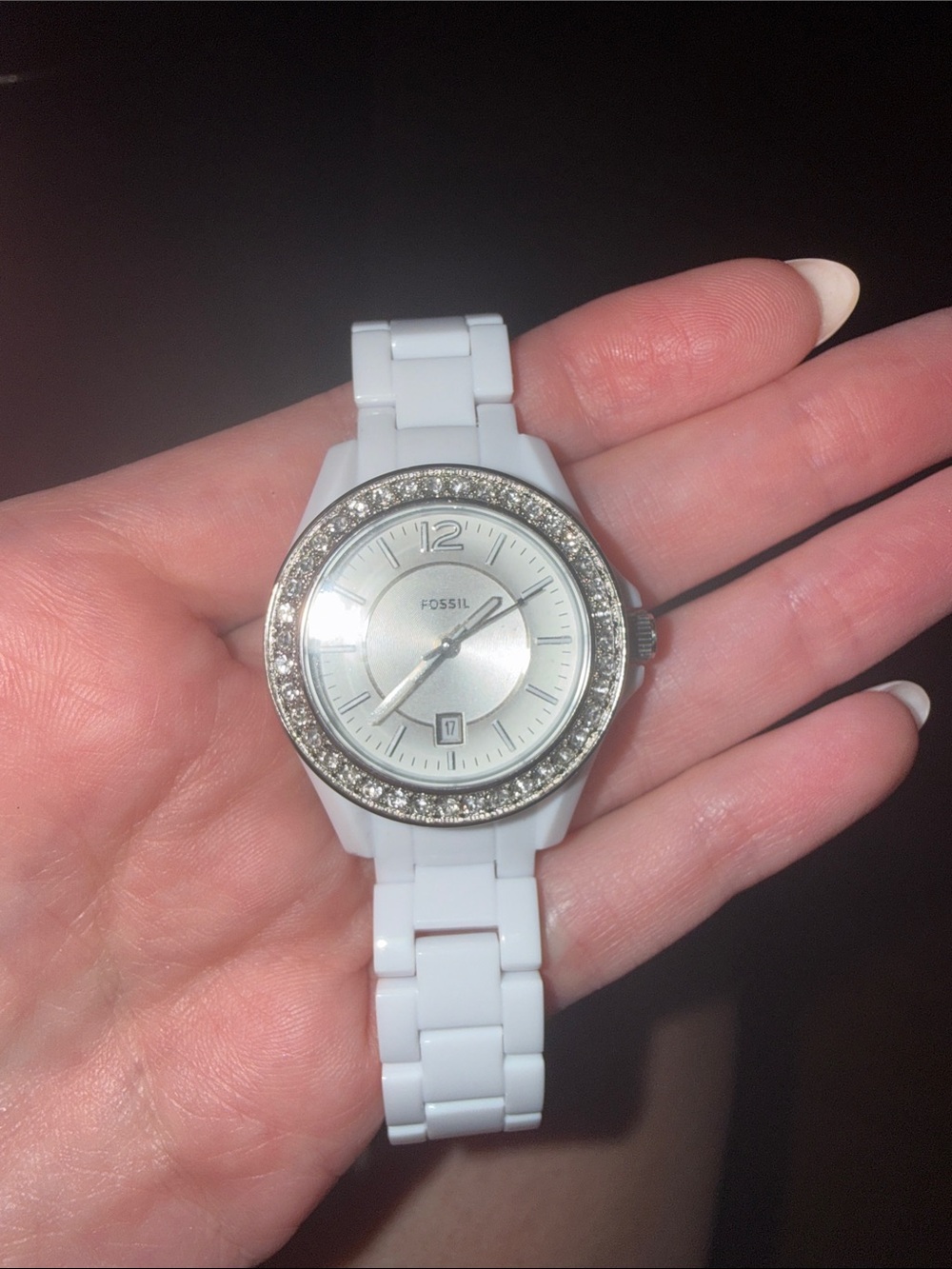 Fossil White Ceramic Watch with Crystal Accent